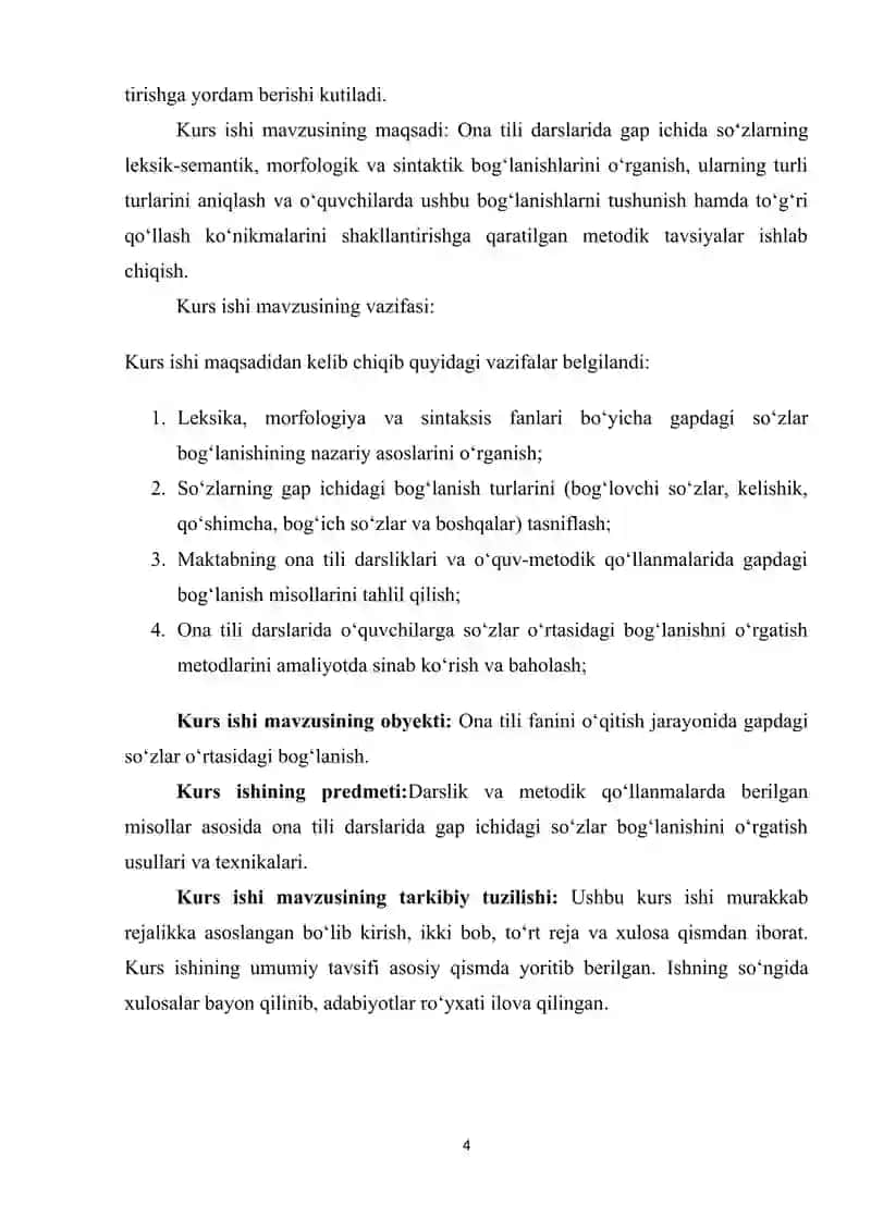 BOSHLANG‘ICH SINFLARDA GAPDA SO‘ZLARNING O‘ZARO BOG‘LANISHI MAVZUSINI O‘RGANISH METODIKASI 4