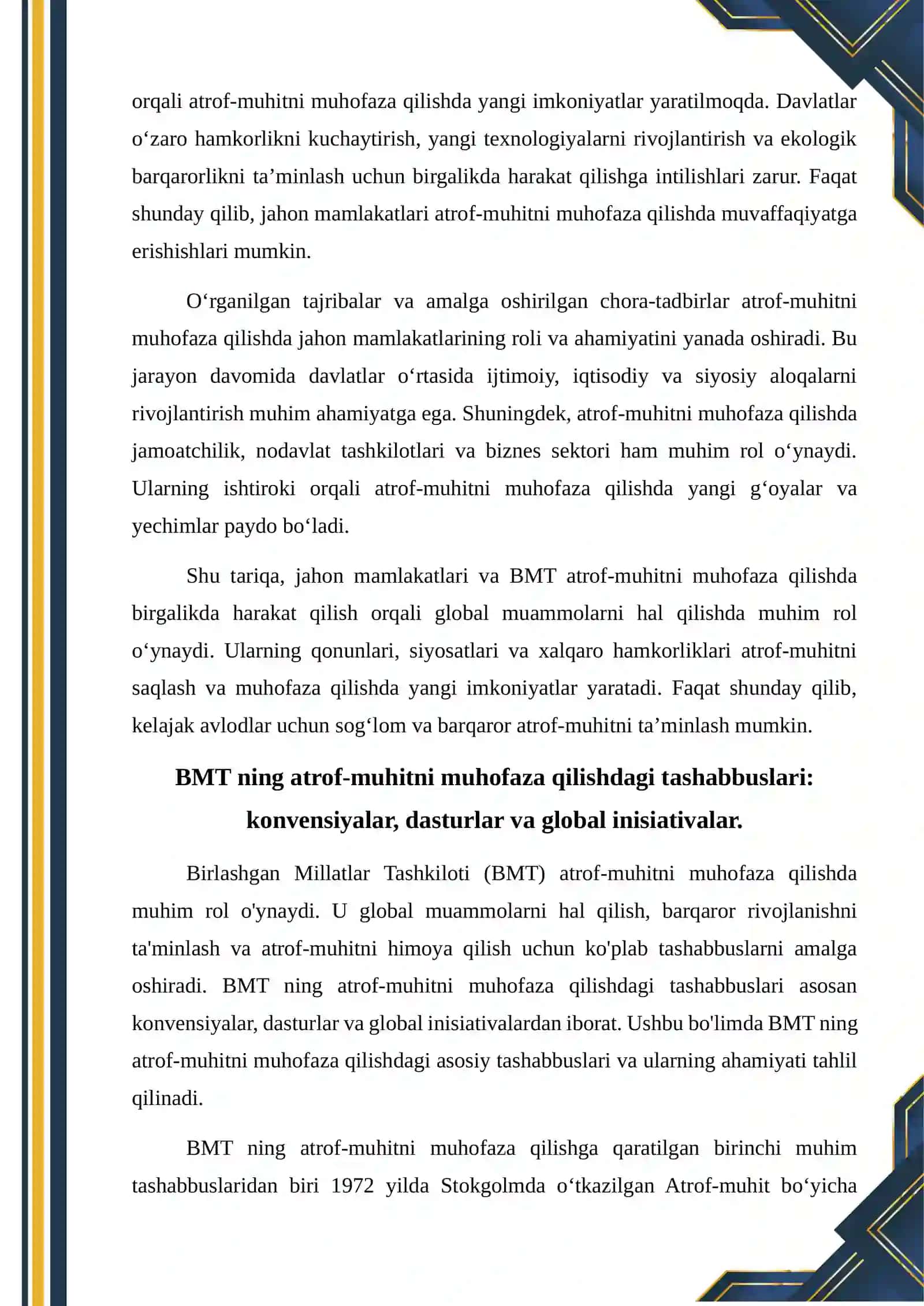 Atrof-muhitni muhofaza qilishda jahon mamlakatlari va BMT ning roli 4