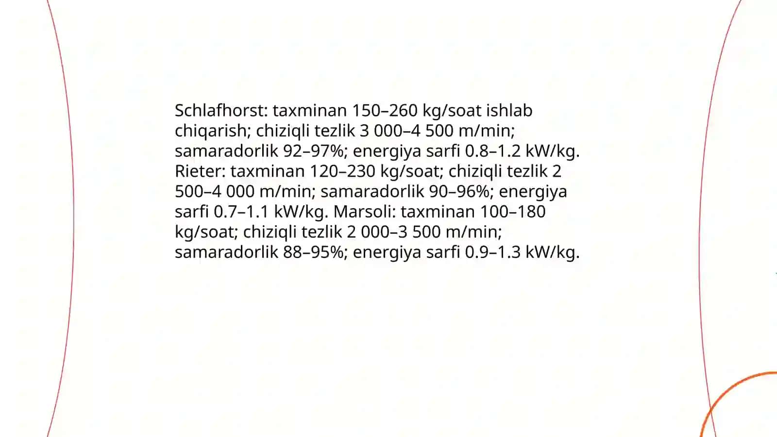 Schlafhorst, Rieter, Marsoli pnevmomexanik yigirish mashinalari qiyosiy tahlili 4