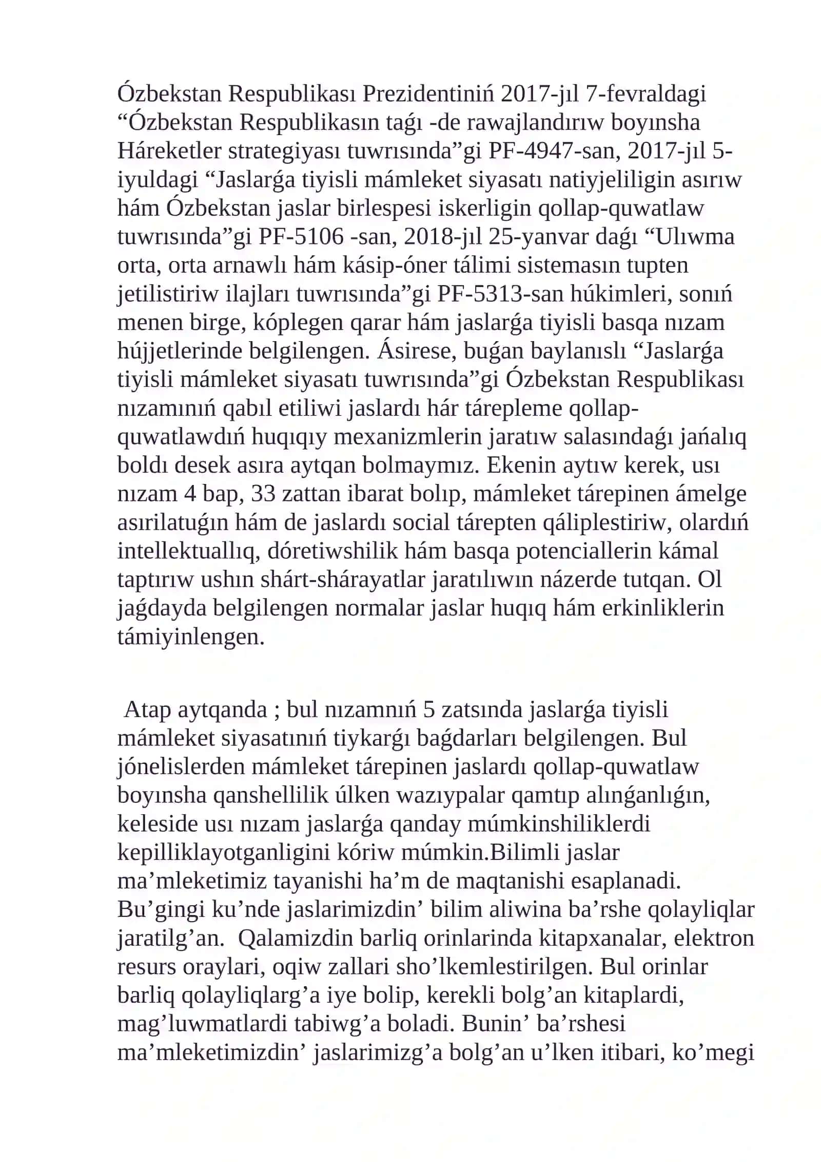 G’arezsizlik jillarinda elimizde jaslarg’a tiyisli ma’mleketlik Nizam shen’berinde a’melge asirilip atirg’an jumislar 4