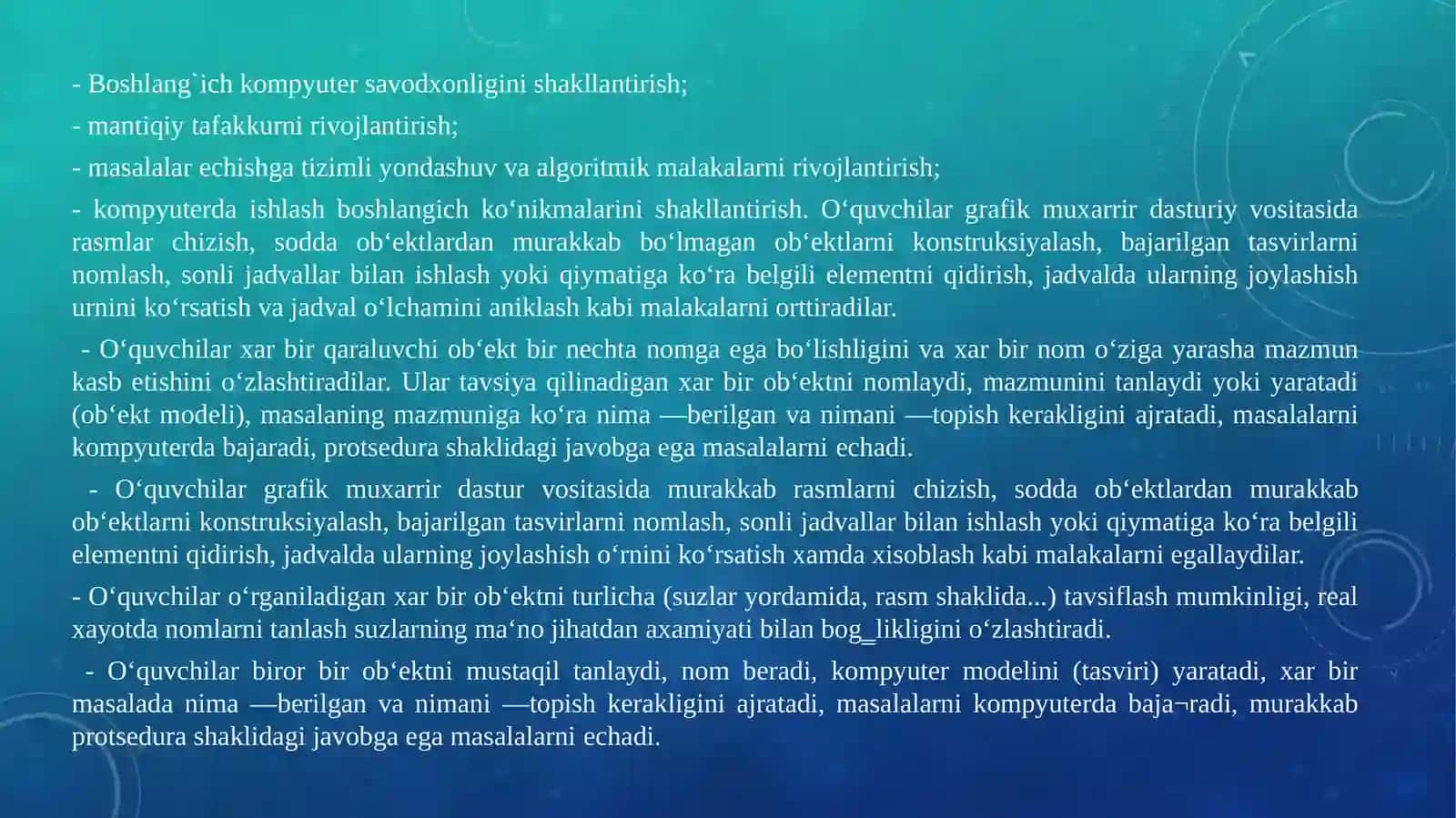 BOSHLANG‘ICH SINFLARDA AXBOROT TEXNOLOGIYASI fanidan ma‘ruzamashg’ulotlari 4