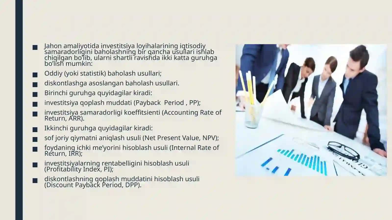 Investitsiya loyihalarining moliyaviy-iqtisodiy samaradorligini baholashning diskontlashga asoslangan usullari 4