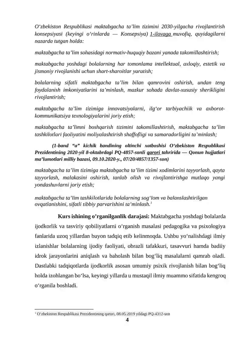 Ijodkorlik darajasini baholash: maktabgacha yoshdagi bolalarda tasviriy qobiliyatlarni diagnostika qilish usullari (KURS ISHI) 4