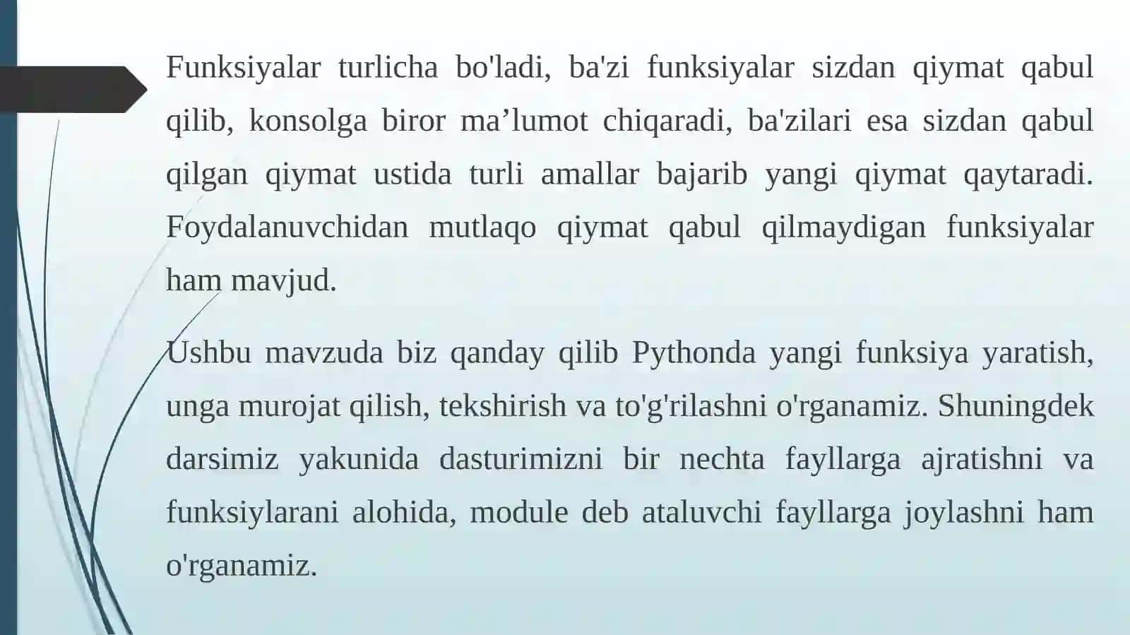 PYTHON DASTURLASH TILIDA DEF FUNKSIYASI. PYTHONDA FUNKSIYALARNI TEKSHIRISH UNITTEST MODULI. 4