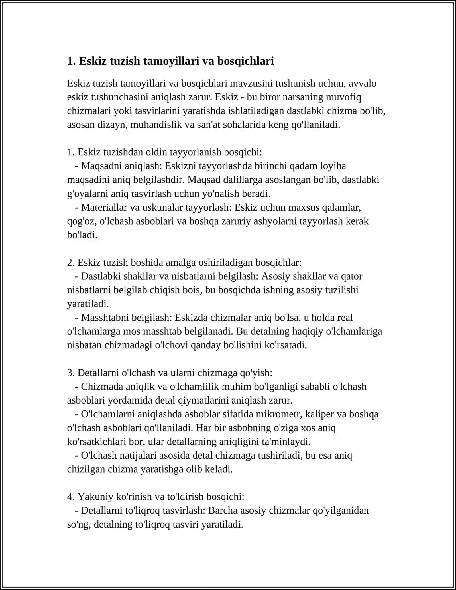 ESKIZ TUZISH TARTIBI. DETALLARNI O'LCHASH ASBOBLARI BILAN O'LCHAMLARINI ANIQLASH VA CHIZMAGA QO'YISH 4