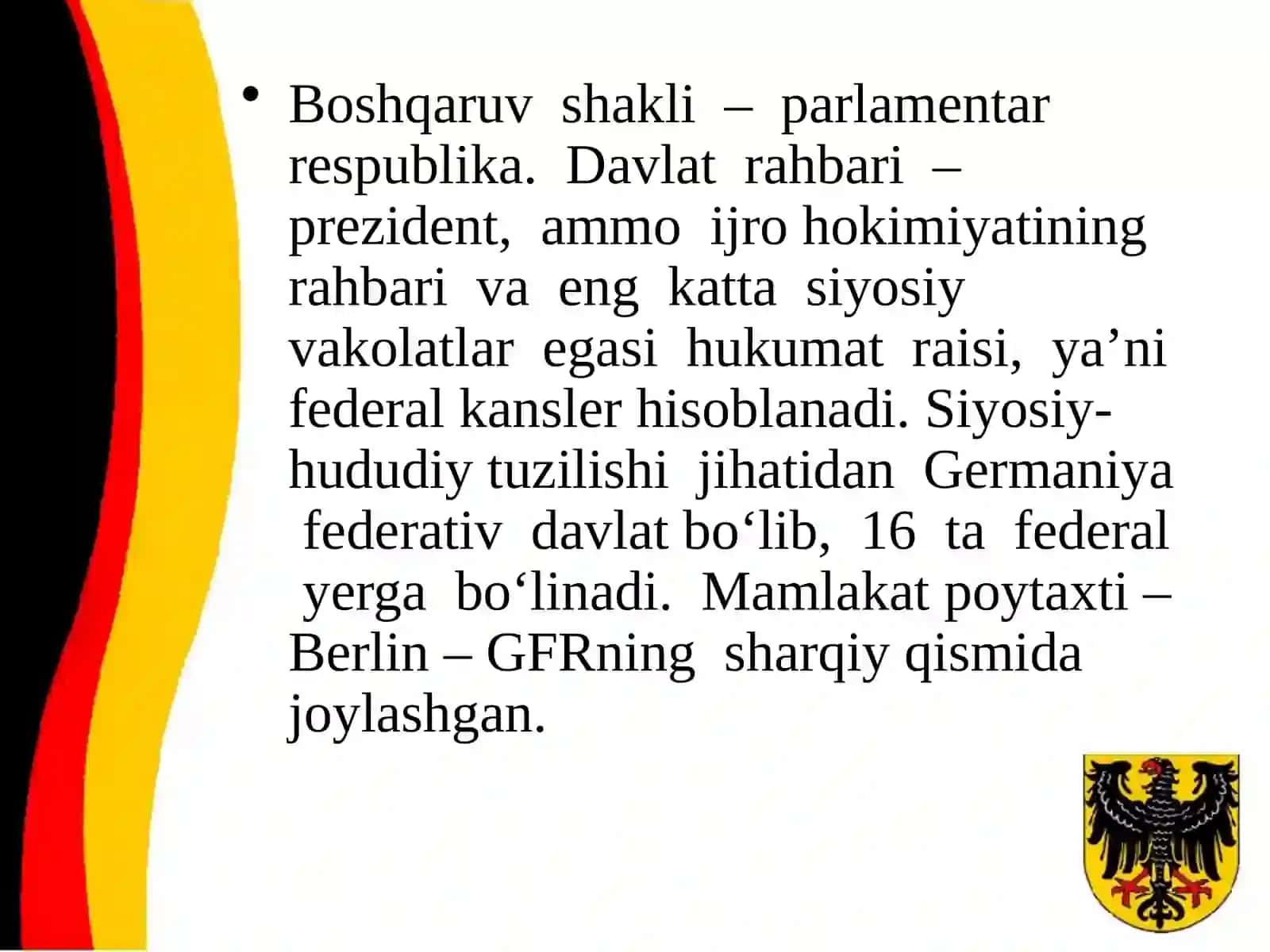 9-sinf Geografiya fanidan Germaniya Federativ Respublikasi dars ishlanma 4
