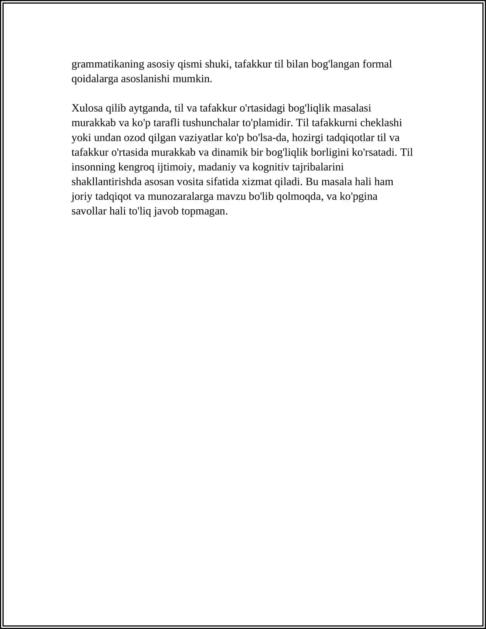 TIL VA TAFAKKUR. TIL VA TAFAKKUR MUNOSABATI. TIL VA TAFAKKUR LINGVISTIK MUAMMO SIFATIDA. TIL TAFAKKUR QUROLI VA VOSITASI. PSIXOLINGVISTIKA 4