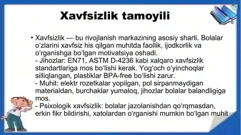 Rivojlanish markazlarida oʻyin va oʻyin muxitini tashkil etishning asosiy tamoyillari 4