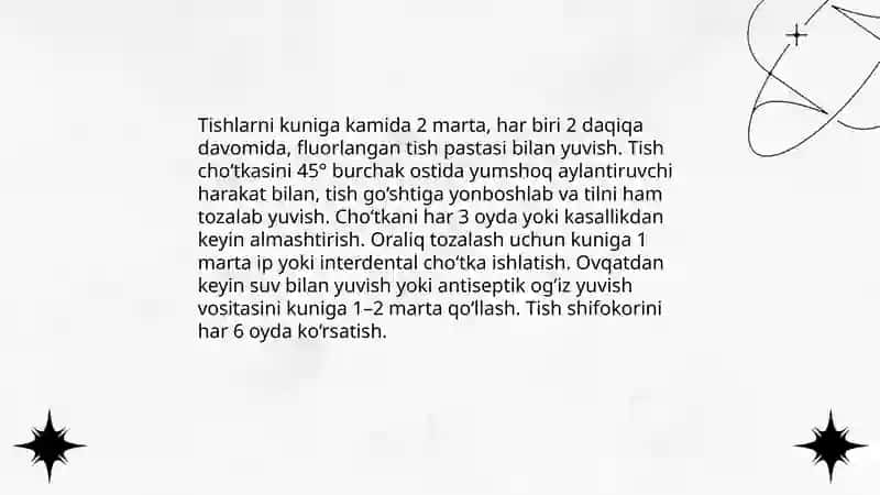 Sanitariya qoidalarining og‘iz bo‘shlig‘i kasalliklarini oldini olishdagi umumiy ahamiyati 4