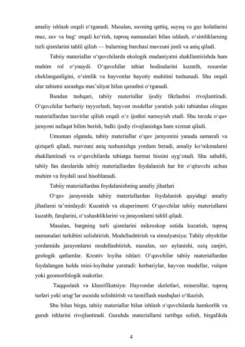 Tabiiy fanidan mavzular bo'yicha tabiiy materiallardan ko'rgazmali qurollar tayyorlash 4
