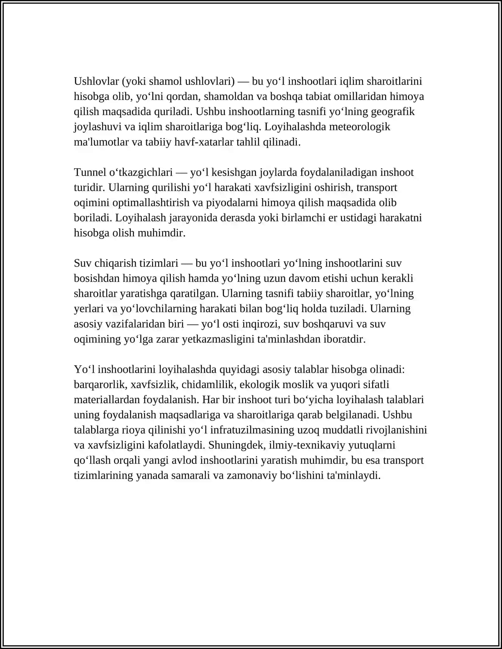 ZAMONAVIY TRANSPORT INSHOOTLARINING TURLARI VA ULARGA QOʻYILGAN TALABLAR 4