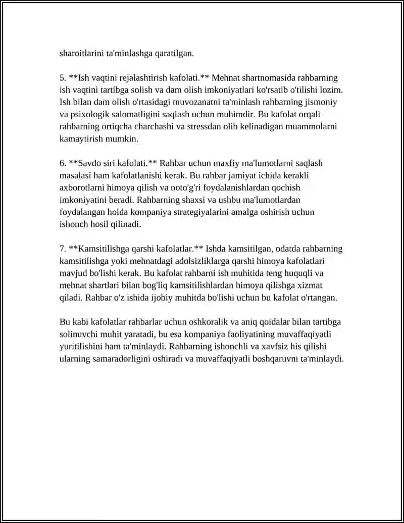Mehnat shartnomasida rahbar uchun kafolatlar 4
