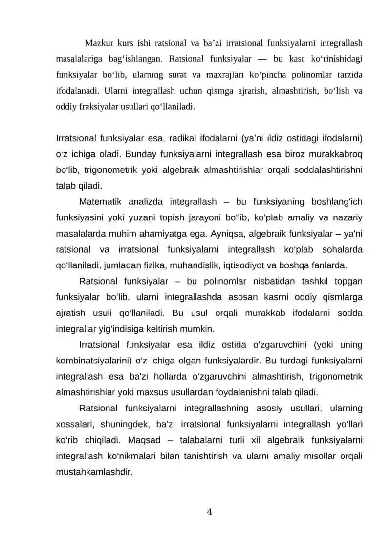 Ratsional va ba’zi irratsional funksiyalarni integrallash 4
