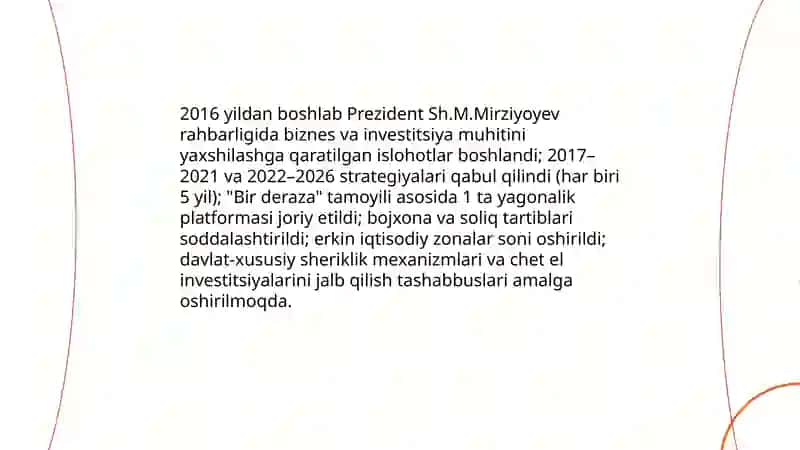 Prezident Sh. M. Mirziyoyev raxbarligi va tashabbusiostida amalga oshirilayotgan ilsohotlar 4