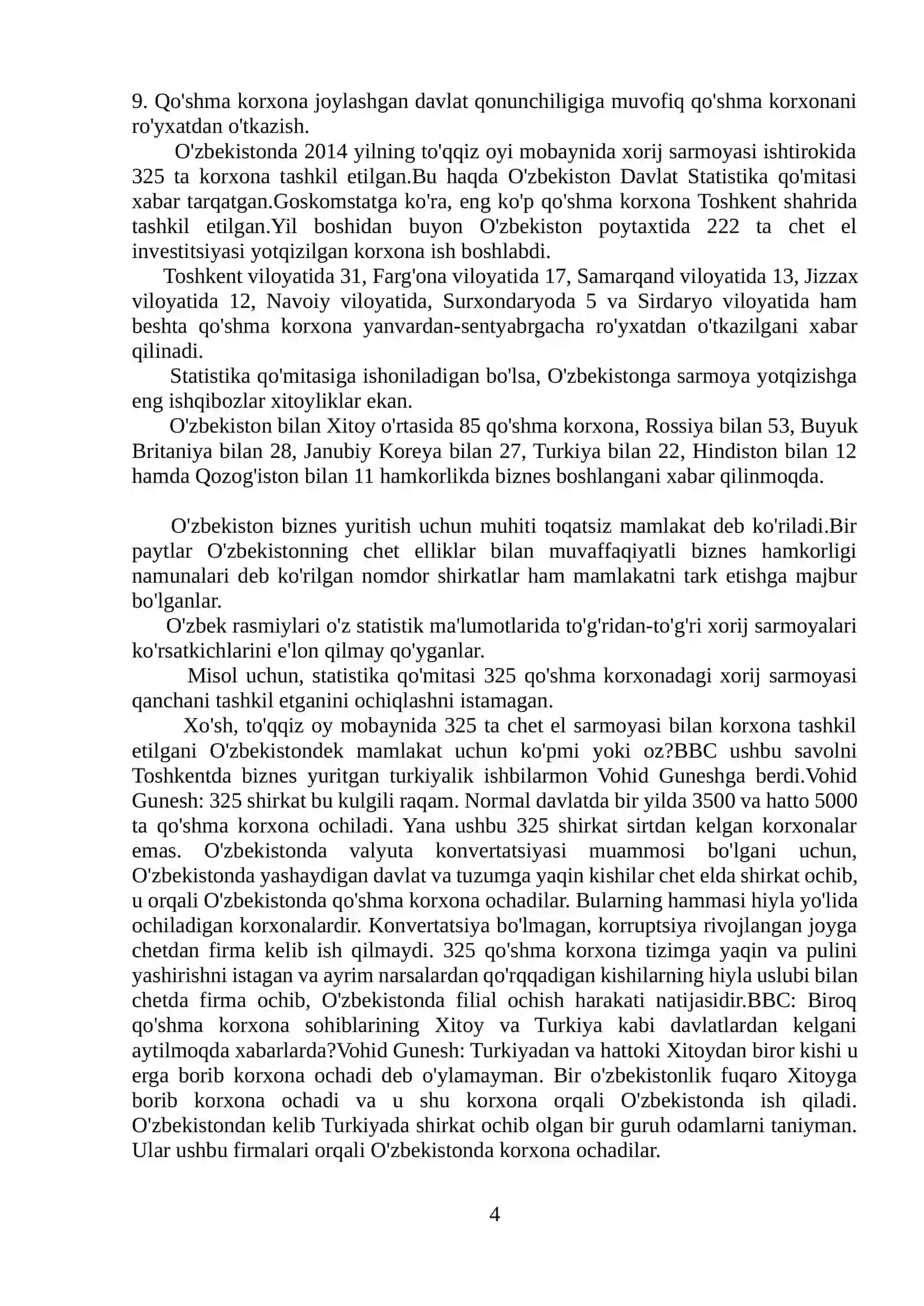 O’ZBEKISTON SANOATIDA QOSHMA KORXONALARNING HOZIRGI                RIVOJI SHAROITI 4