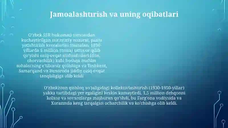 O‘zbekiston SSRda ma’muriy buyruqbozlik kuchayishi iqtisodiyotni bir tomonlama rivojlanishi 4