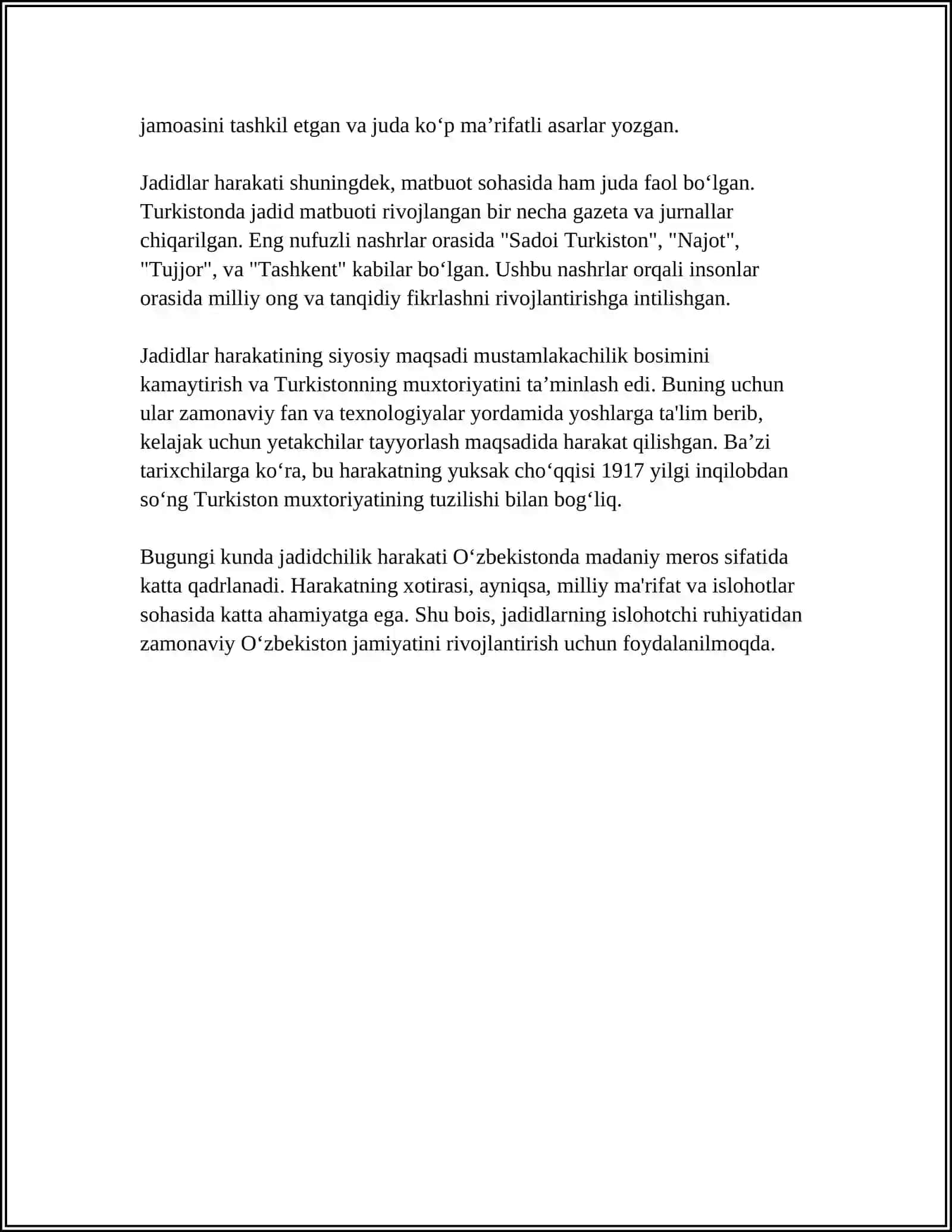 JADID MA'RIFATPARVARLARINING O'LKA IJTIMOIY-MA'NAVIY HAYOTIDA TUTGAN O'RNI 4