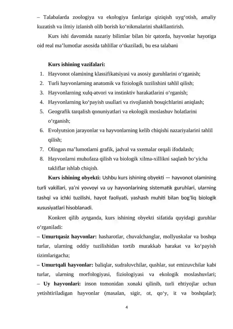 HAYVONOT OLAMINING XILMA-XILLIGI, TUZILISHI, HAYVONLARNING XULQ-ATVORI, KO'PAYISHI, RIVOJLANISHI, GEOGRAFIK TARQALISHI VA KELIB CHIQISHINI KURS ISHI 4