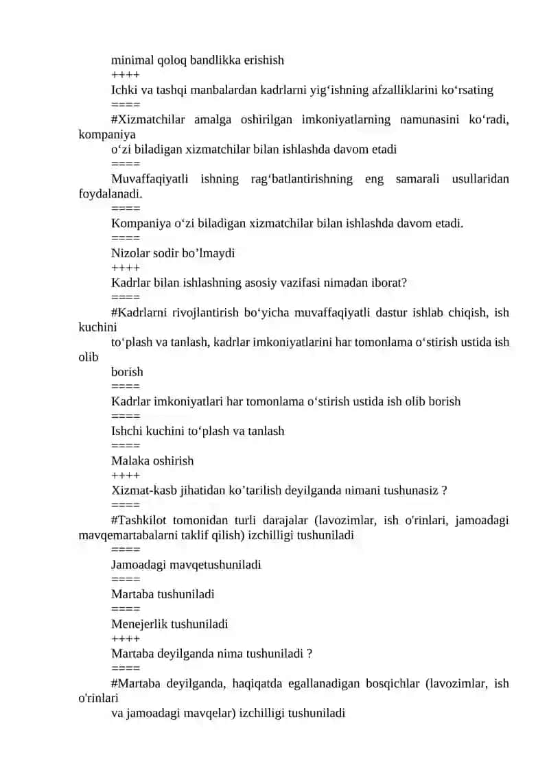 Personalni boshqarish fanidan test savollari 4