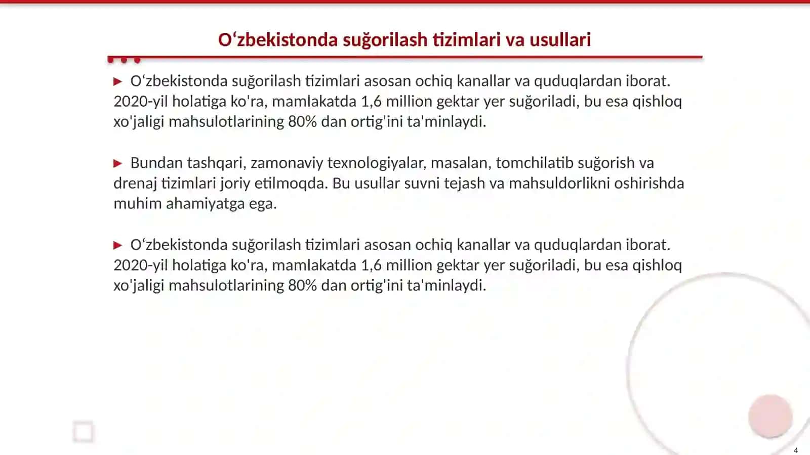 Oʻzbekistonda suğoriladigon yerlardan foydalanish va ularning hozirgi holati 4