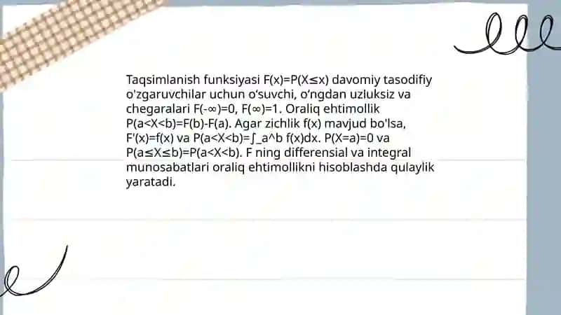 Oraliqli ehtimolliklar-davomiy tasodifiy o'zgaruvchilarda ehtimollik hisoblash 4