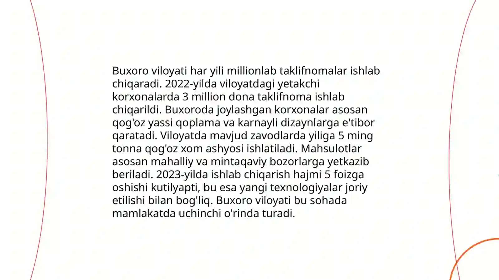 Quvvati sutkasiga 1500 dona bo‘lgan Buxora viloyatidagi Sharq bosmaxonasida nodaviriy mahsulot (taklifnoma) ishlab chiqarishni takomillashtirish loyihasi 4