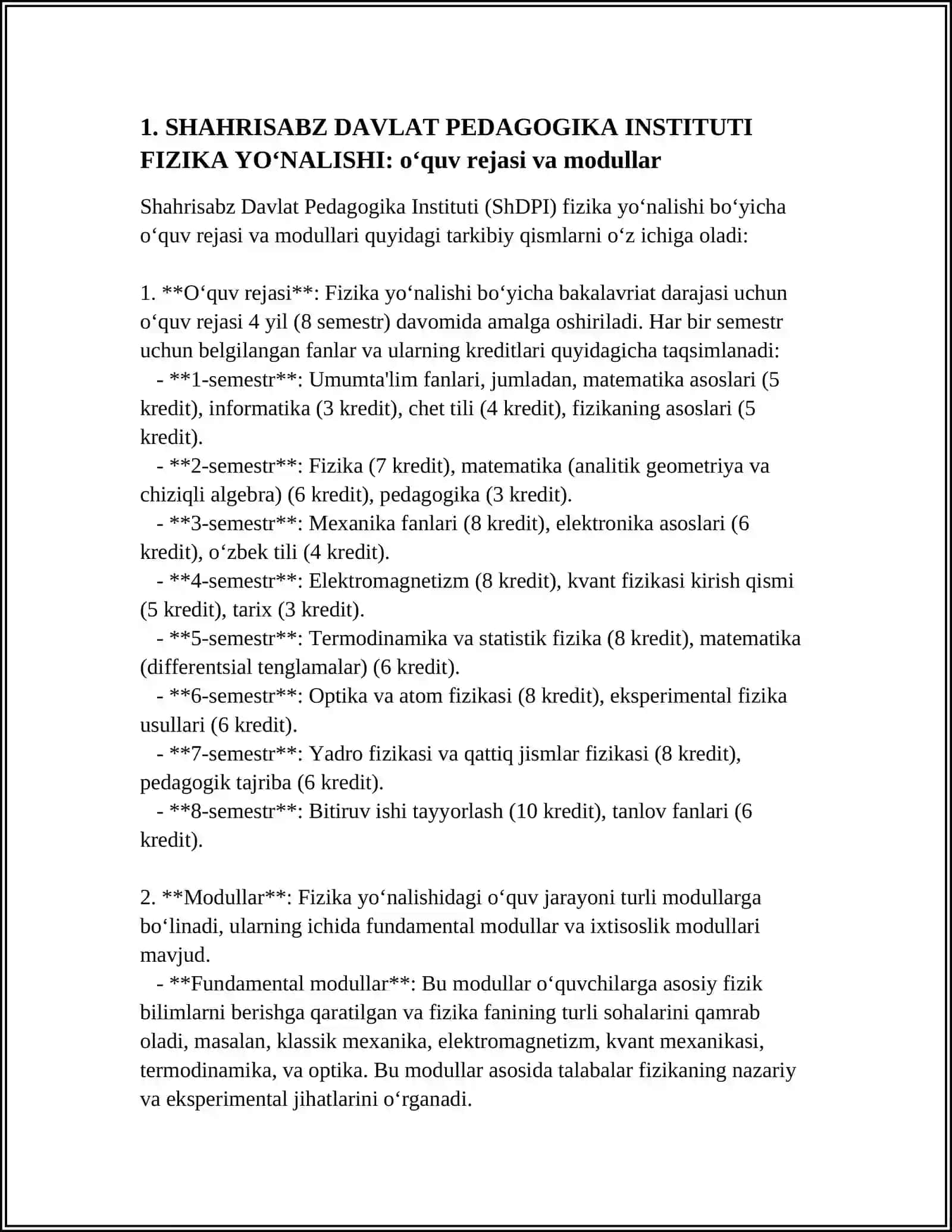 SHAHRISABZ DAVLAT PEDAGOGIKA INSTITUTI FIZIKA YO'NALISH 4