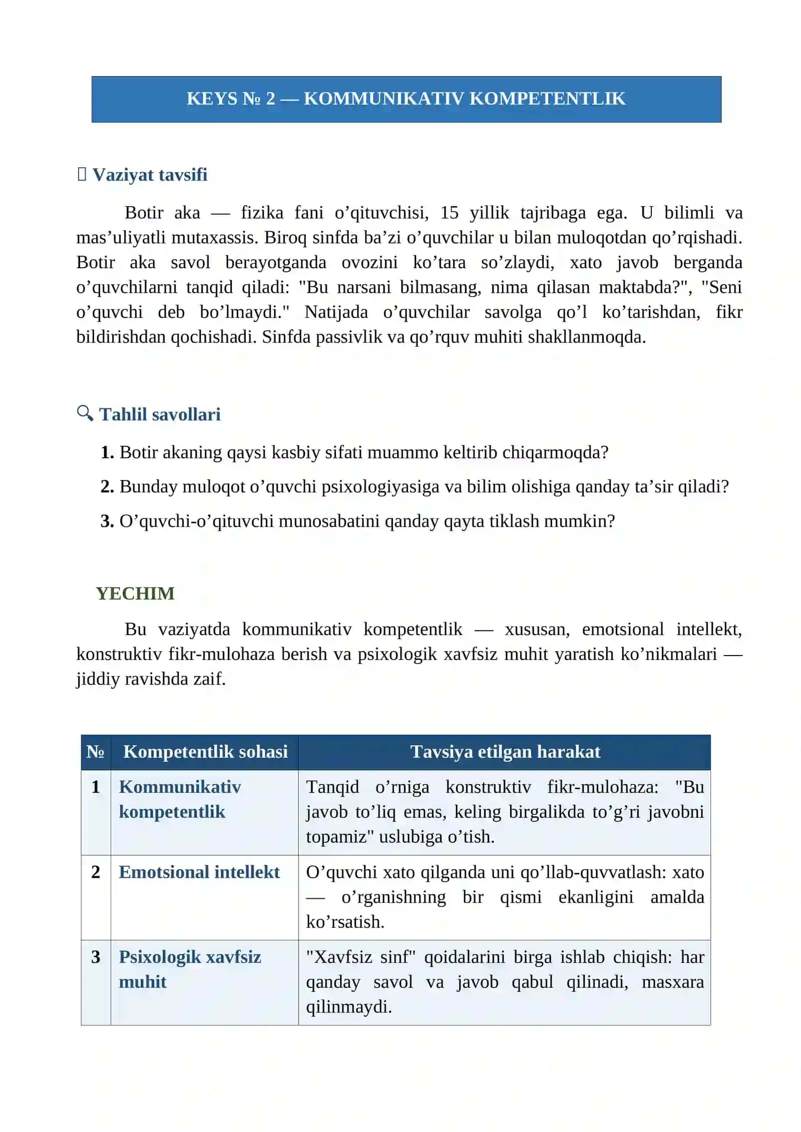 O’QITUVCHINING KASBIY KOMPETENTLIK SIFATLARI KEYS TOPSHIRIQLARI 4