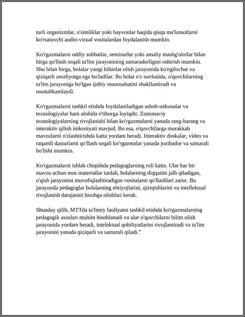 MTT TALIMIY FAOLIYATNI TASHKIL ETISHDA KO'RGAZMALARDAN FOYDALANISH KURS ISHI 4
