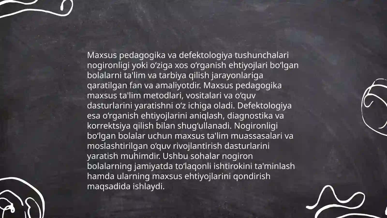 Maxsus pedagogika fanining predmeti obyekti boshqa fanlar bilan aloqasi fanining umumiy asoslari. Maxsus pedagogika fanining umumiy masalalari. Aqliy rivojlanishida nuqsoni boʻlgan bolalar 4