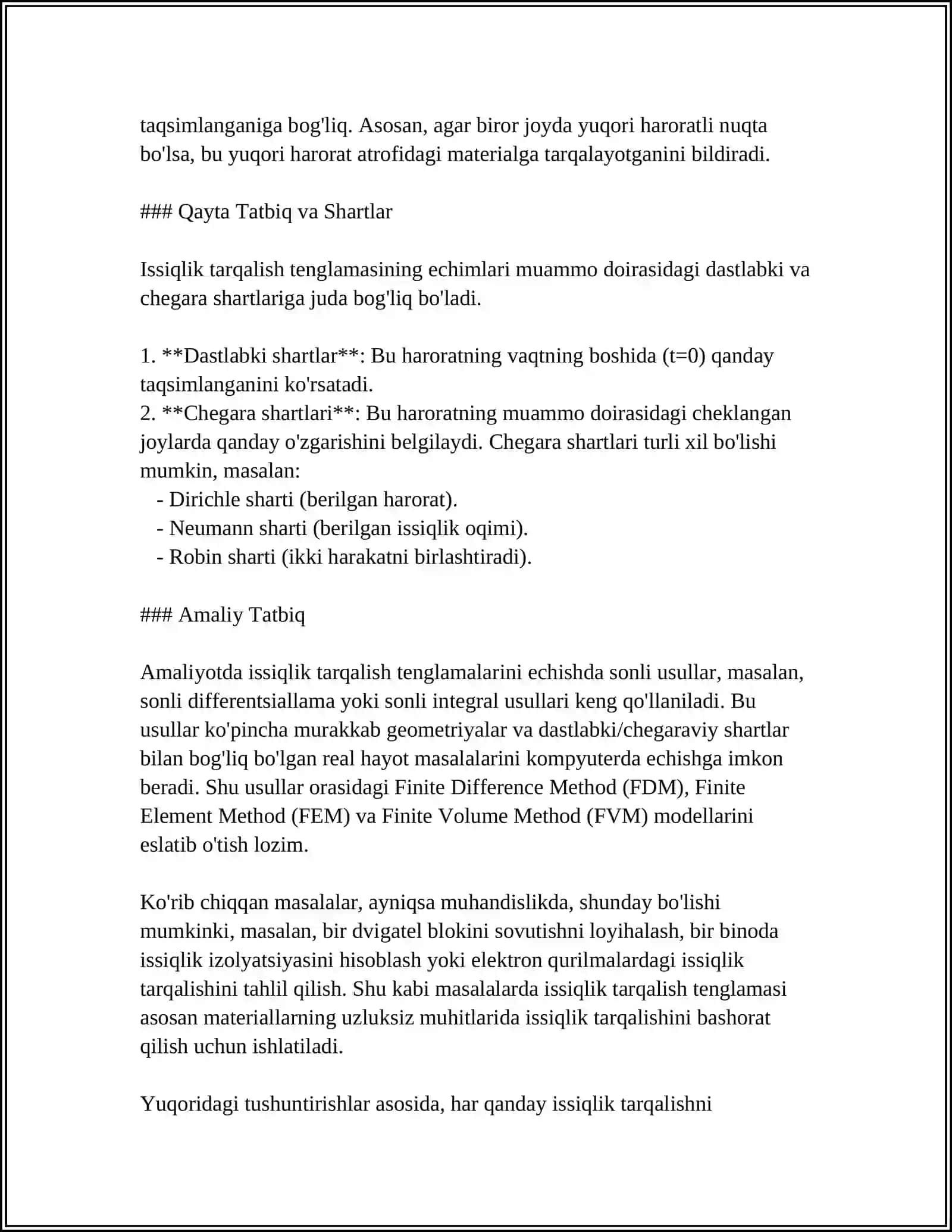 ISSIQLIK TARQALISH TENGLAMASINI METALL STERJENDA, CHEGARALANMAGAN STERJENDA, FAZODA TEKSHIRISH. LAPLASNING IKKINCHI TENGLAMASIGA KELTIRILADIGAN MASALALAR. DIRIXLE MASALASINI YECHISH 4