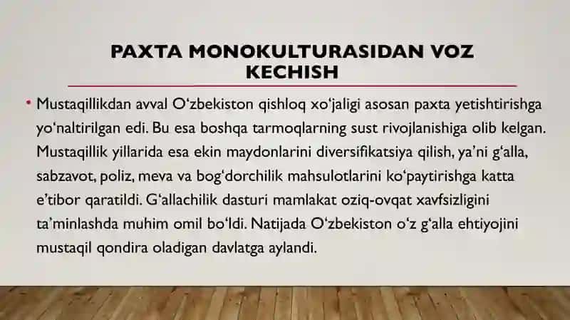 Mustaqillik yillarida qishloq xo‘jaligi va sanoat sohasidagi o‘zgarishlar 4