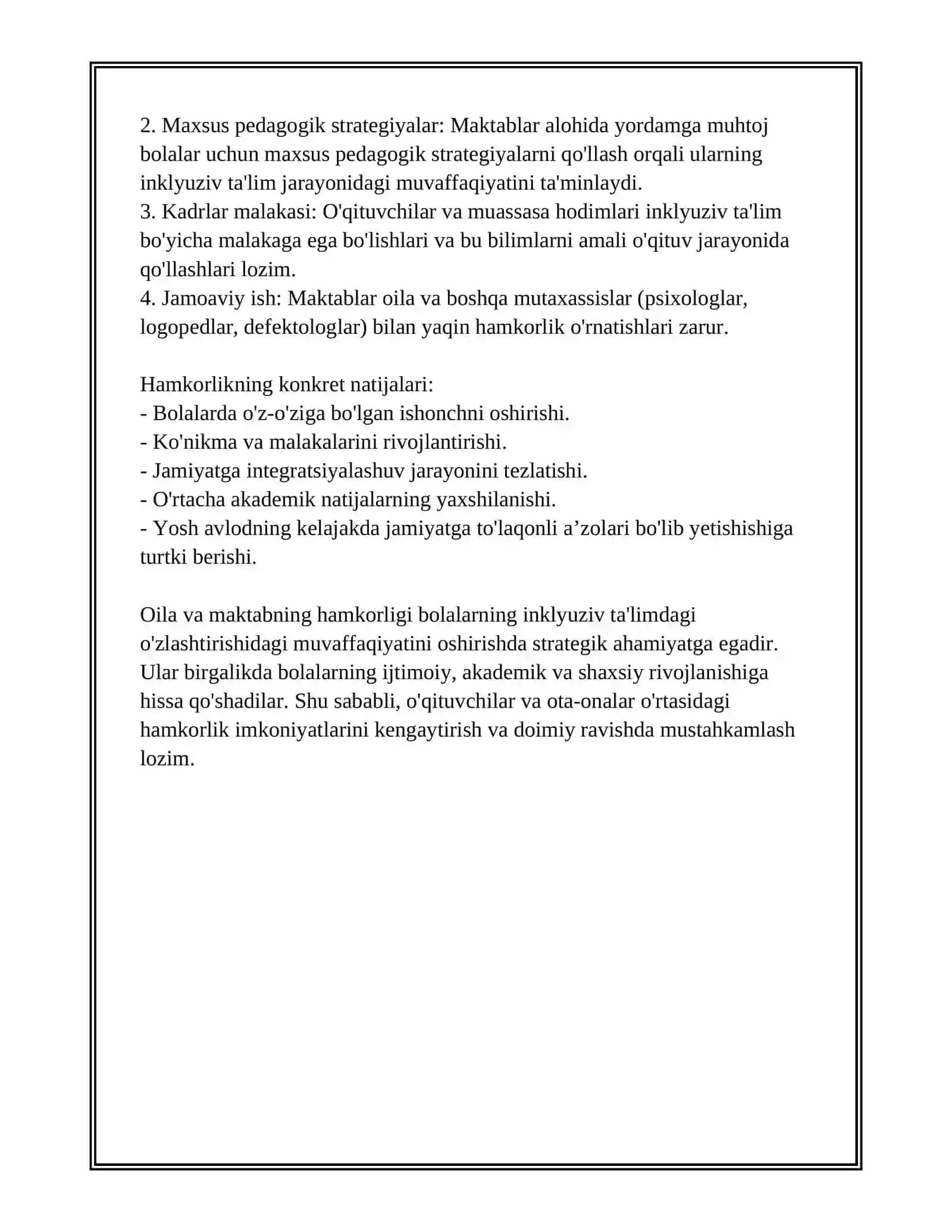 ALOHIDA YORDAMGA MUHTOJ BOLANI UMUMTA'LIM MAKTABI YOK MAKTABGACHA TASHKILOTDA INKLYUZIV TALLIM SHAROITIDA O'QISHGA MOSLASHISHIDA OILA VA MAKTABNING O'RNI 4