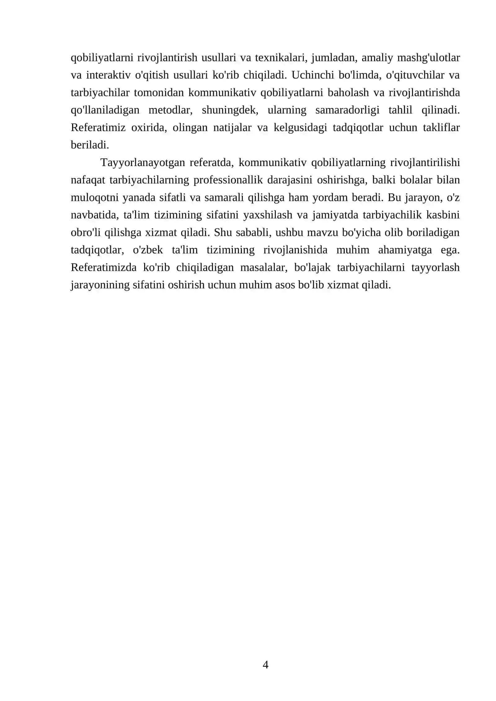 Bo'lajak tarbiyachilarni tayyorlash jarayonida kommunikativ qobiliyatlarni rivojlantirish REFERATI 4