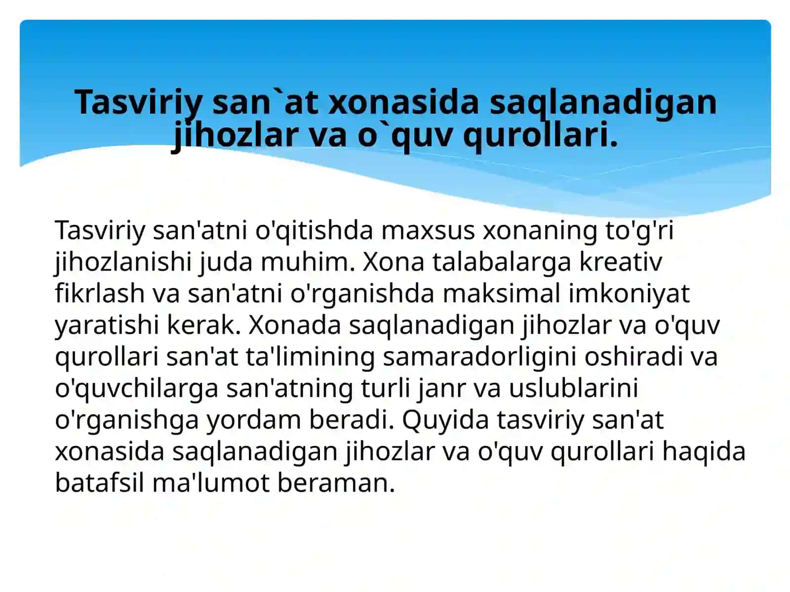 Tasviriy san'atni o'qitish metodikasi honasini tashkil etish va jihozlash 4