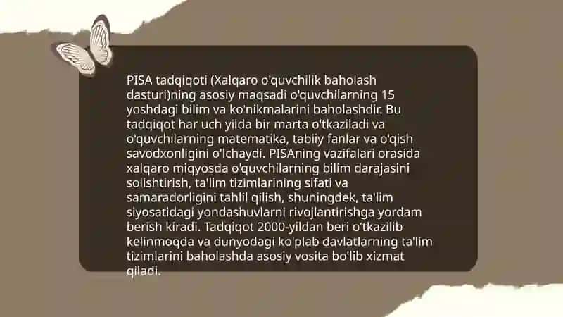 Xalqaro va milliy baholashning mohiyati mezonlari(PISA PIRLS TIMSS) xalqaro tadqiqotlarining mamlakatimiz taʼlim tizimidagi ahamiyati 4