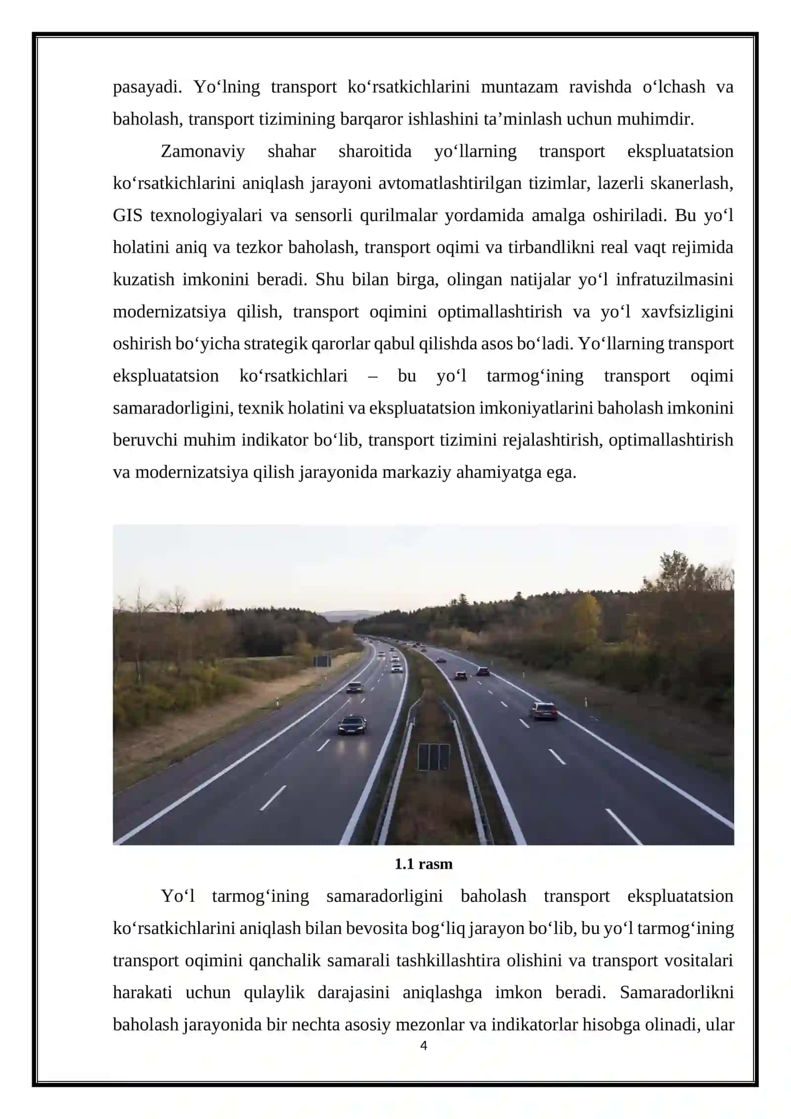Yo'llarning transport eksplatatsion ko'rsatkichlarini aniqlash va holatini aniqlash 4