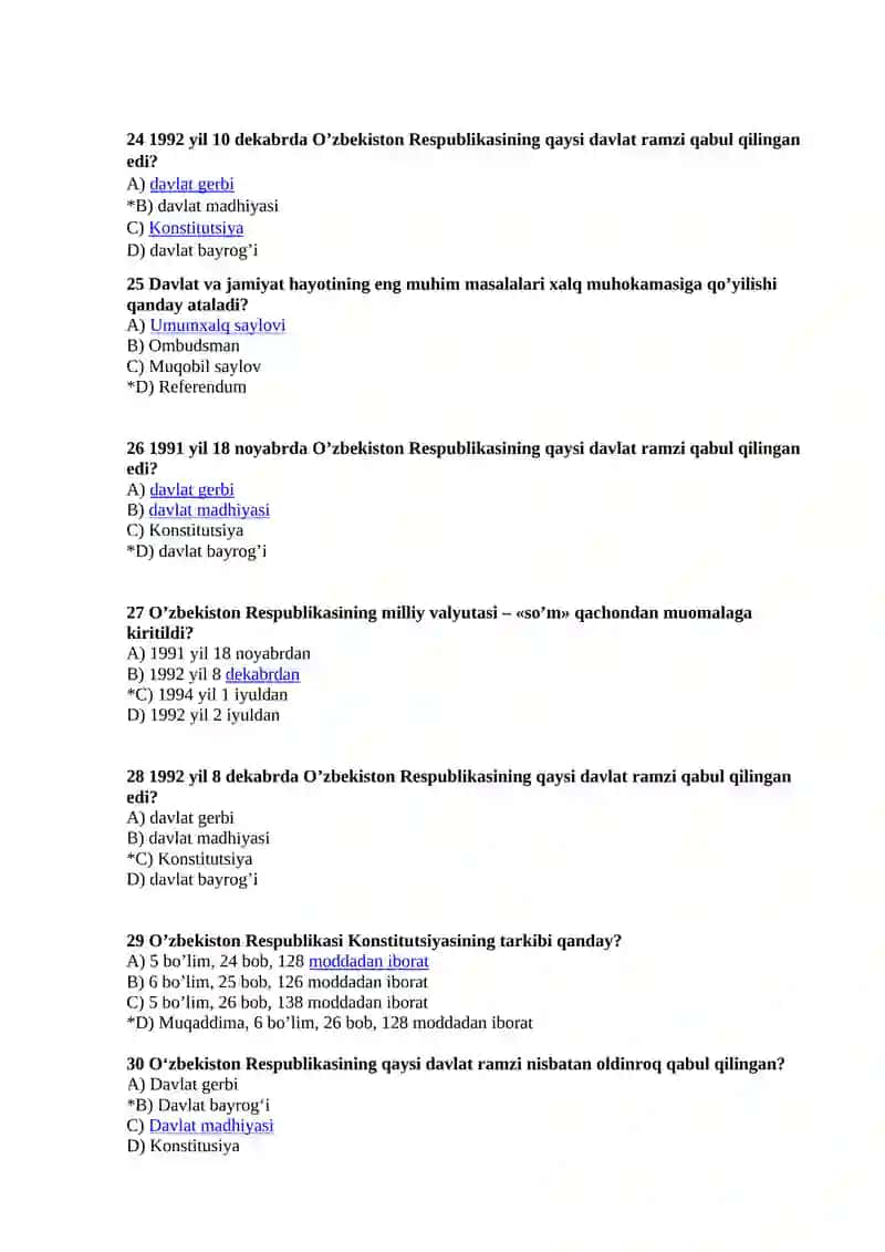 O‘ZBEKISTONNING ENG YANGI TARIXI FANIDAN yakuniy nazorat test savollari 4