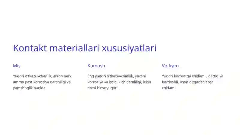 Elektr kontaktlari, tushunchalar va nazariya. Kommutatsiya kontaktlarining tuzilishi va tanlash 4