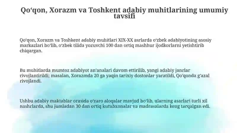 Qoʻqon, Xorazm va Toshkent adabiy muhitlari 4
