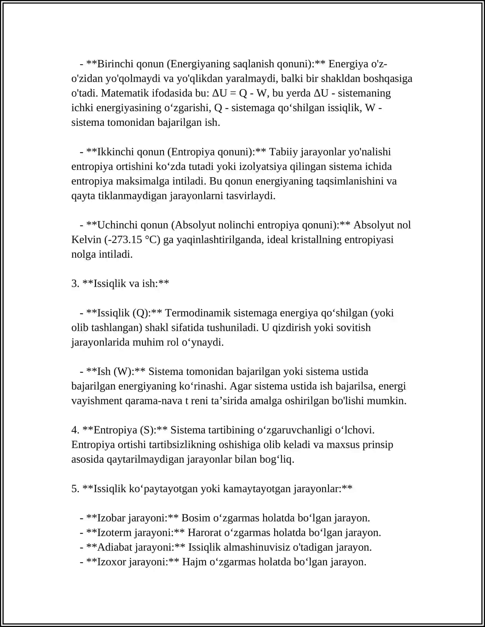 KIMYOVIY TERMODINAMIKANING TUSHUNCHALARI QONUNLARI VA TURLARI JARAYONLARI TAFSIFLASHGA QOʻLLANILISH CHEGARALARI 4