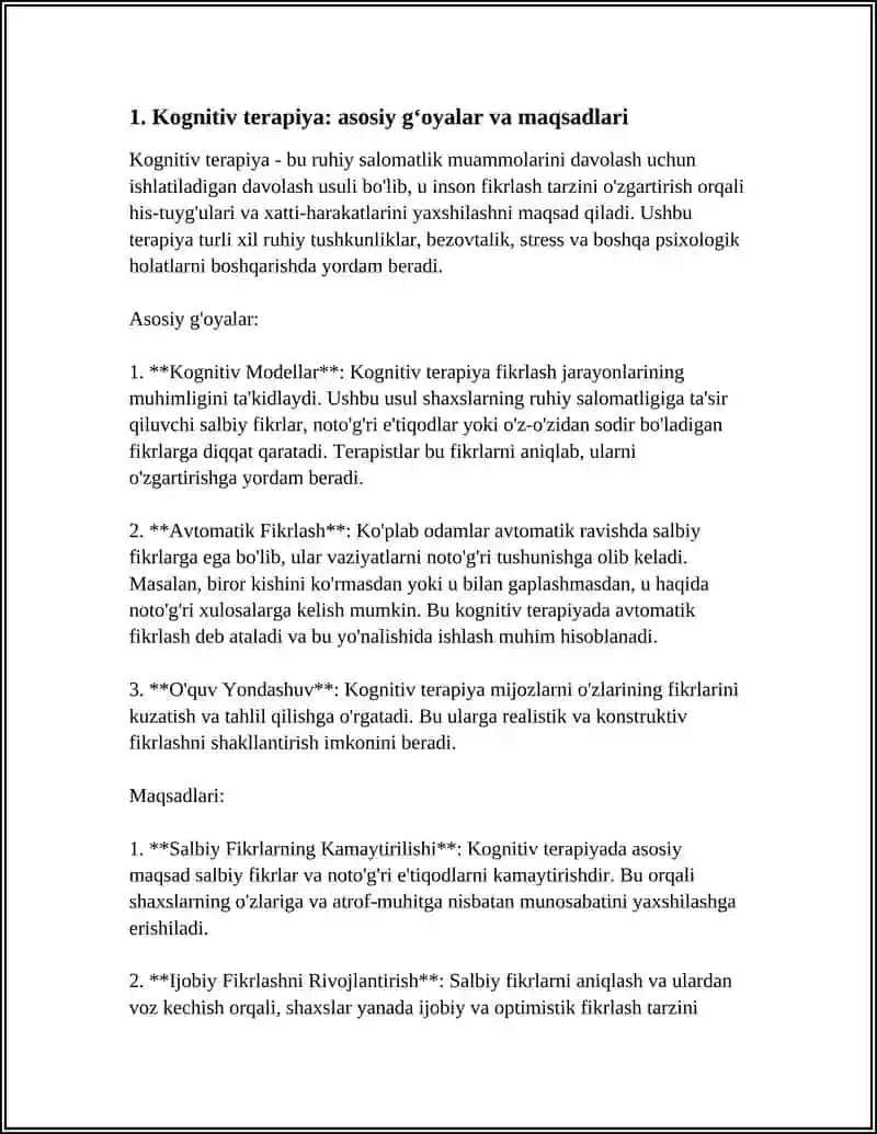 KOGNITIV TERAPIYA (ANIQLOVCHI, XULQ-ATVOR MODELI, OʻTKAZISH TAMOYILI) 4