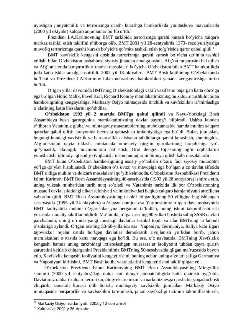 O’zbekistonning BMT bilan hamkorlik aloqalarini rivojlanishi va asosiy yo’nalishlari 4