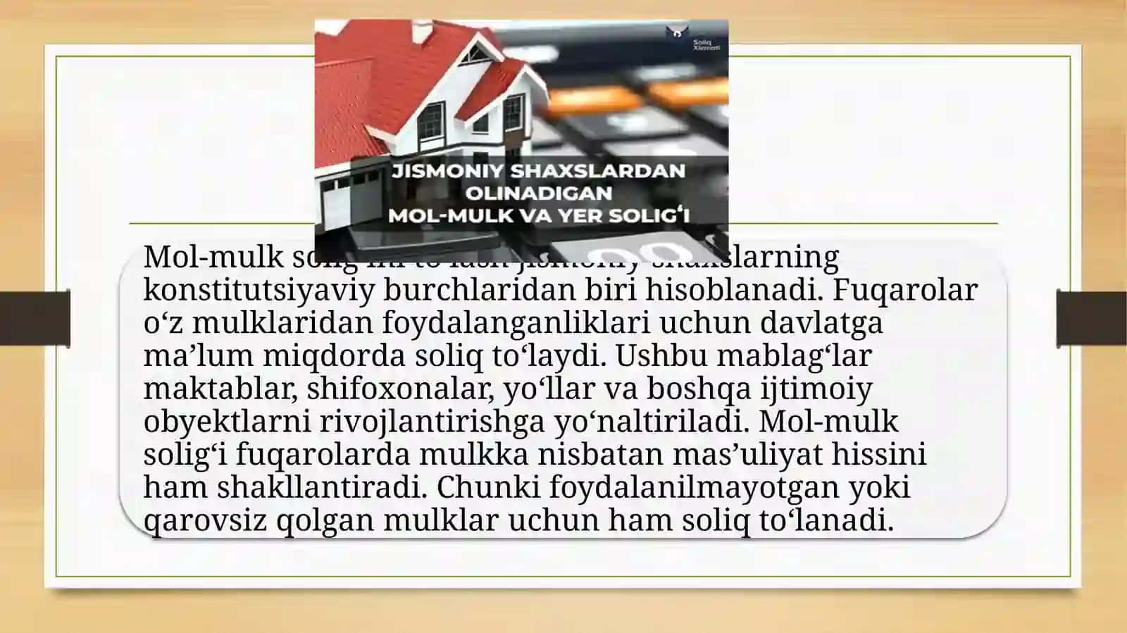 Taqdimot Jismoniy shaxslardan olinadigan mol-mulk solig'i. Jismoniy shaxslardan olinadigan yer solig'i. 4