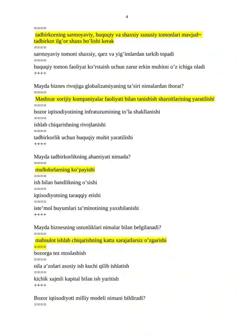 Global Iqtisodiy Rivojlanish fanidan yakuniy nazorat uchun test javoblari 4