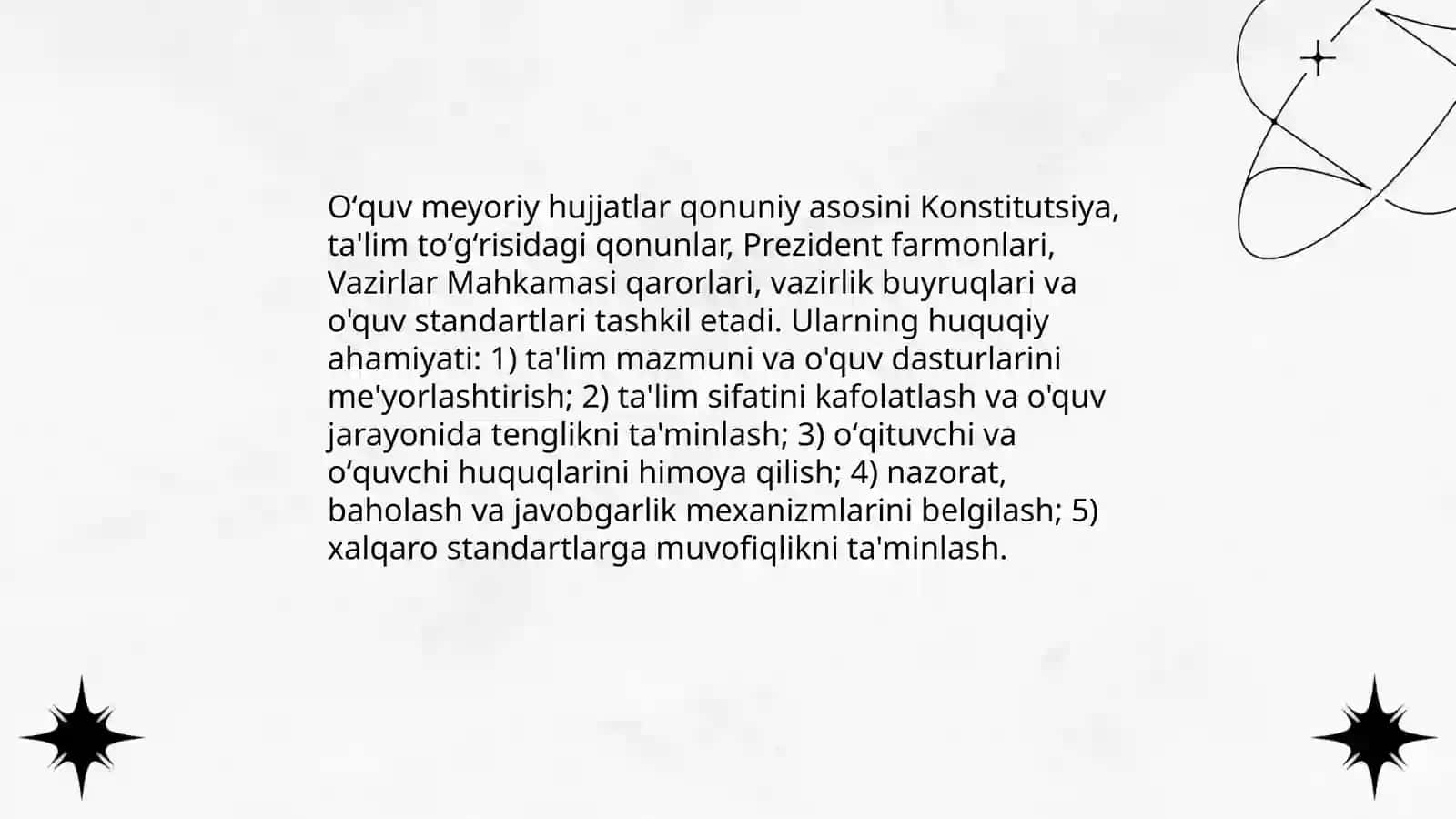 Talim mazmuni va oqitish mazmunini tuzishda oʻquv meyoriy hujjatlarning ahamiyati 4