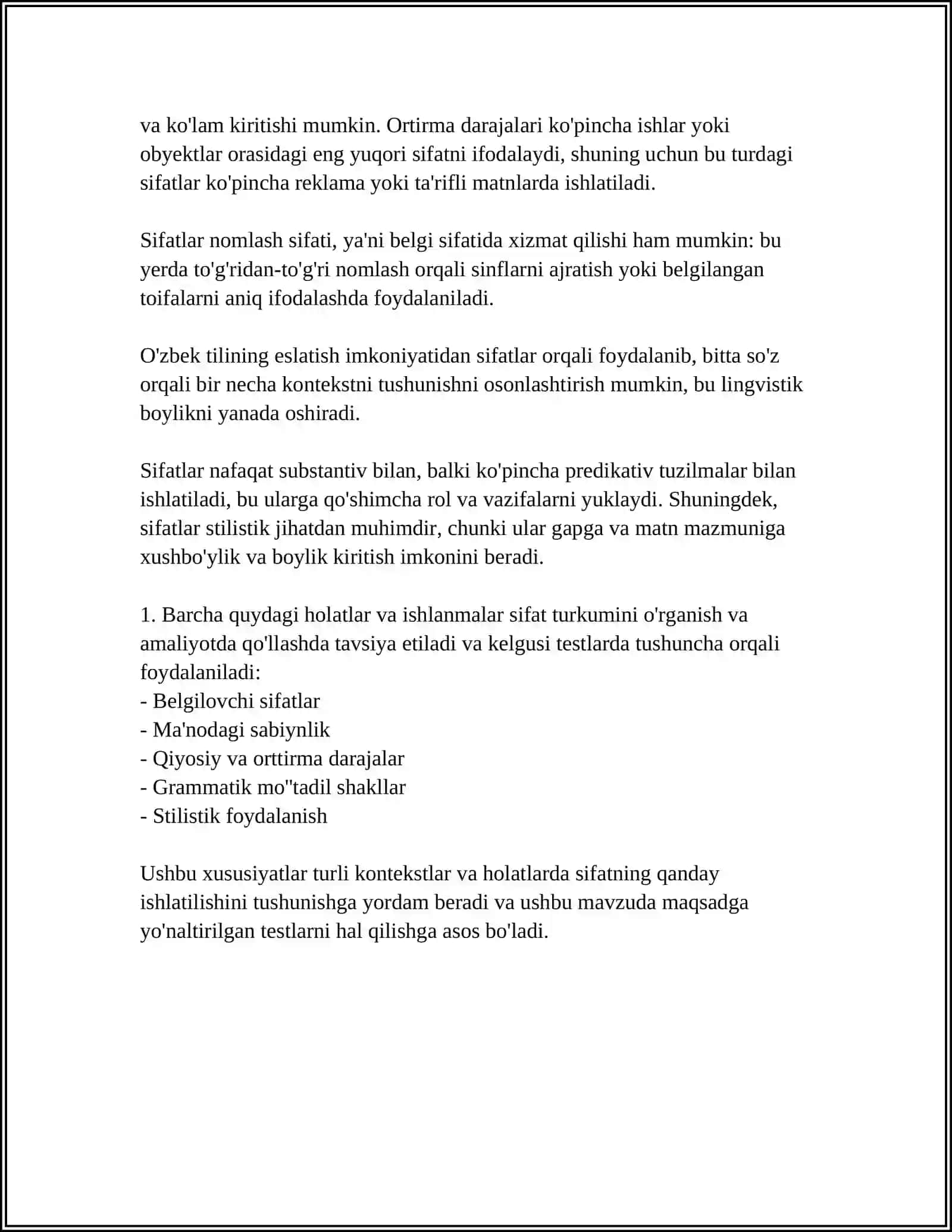 SIFAT SO'Z TURKUMIGA OID 30 TA TEST 4
