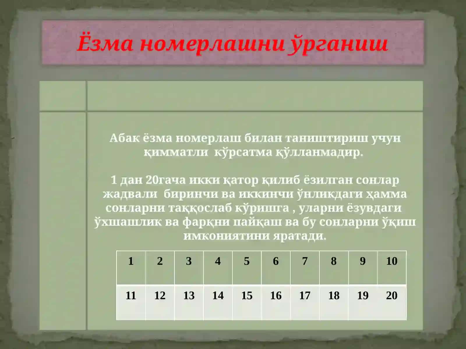 20 ичида номерлаш ва амалларни ўрганиш ёрдамчи мактабнинг 2-синфига мансуб 4
