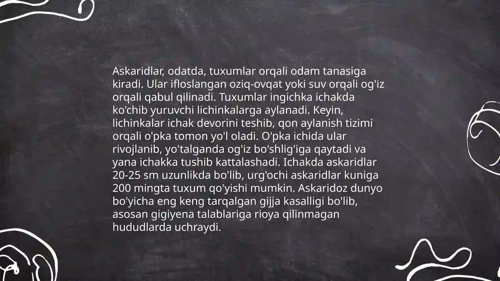 Yumaloq chuvalchanglar odam parazitlari: askarida, ostritsa, filyariyalar, vuxereriya 4