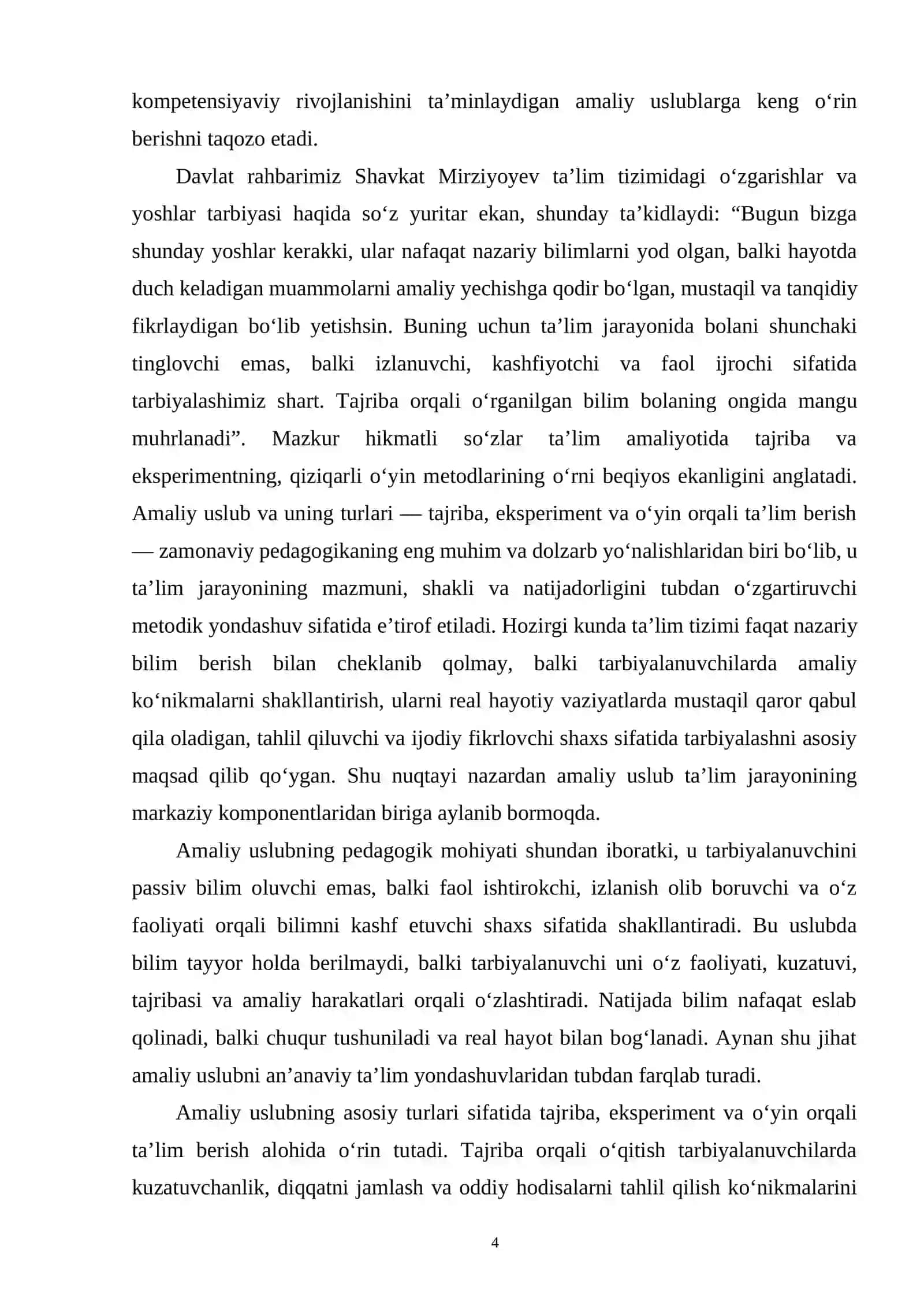 AMALIY USLUB VA UNING TURLARI (TAJRIBA, EKSPERIMENT, O‘YIN ORQALI TA’LIM) PEDAGOGIK TAHLILI 4